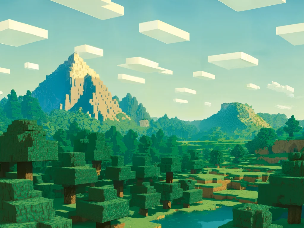 A Minecraft landscape with green forests, water, and a mountain peak