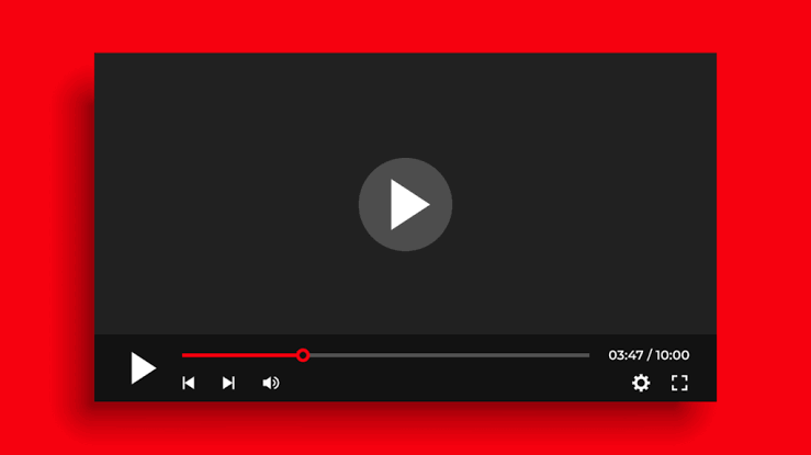 A video player with a red background and playback controls
